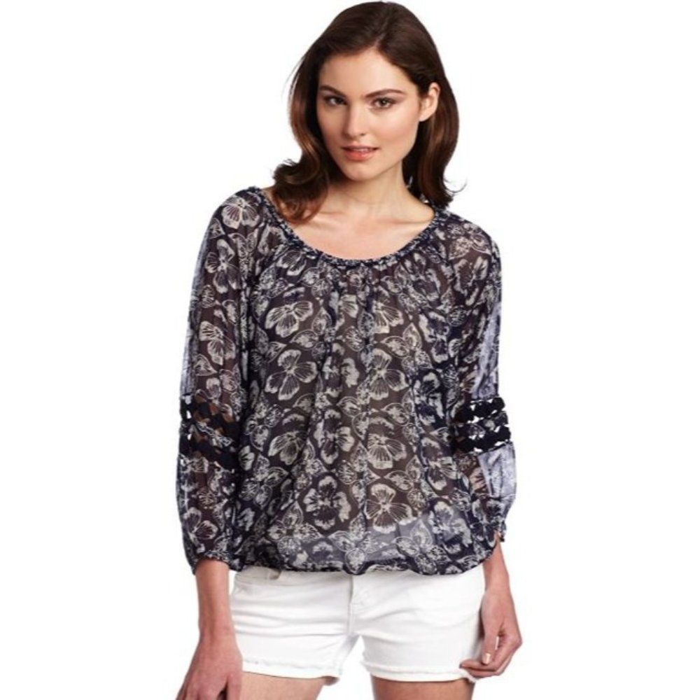 Lucky Brand Women's Size Small Estelle Printed Top Boho Sheer Trim Mid Sleeve - Picture 1 of 11